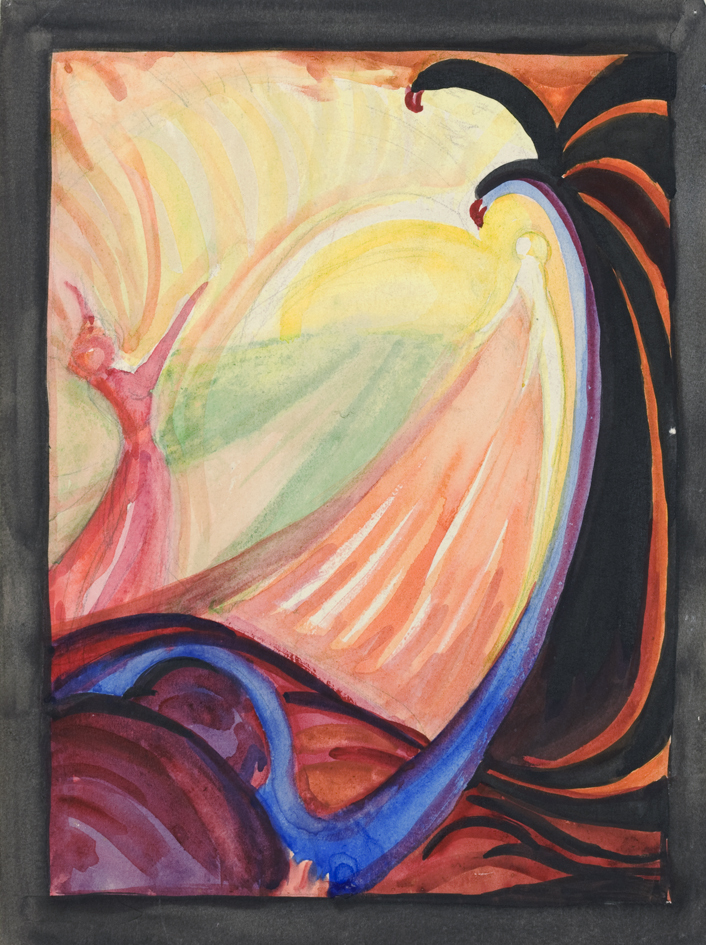 Gestileerde vrouwefiguren en opgaande zon